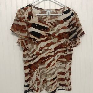 CalvinKlein FALL ANIMAL Jersey Top Sheer Flutter Slvs Easycare 
EUC